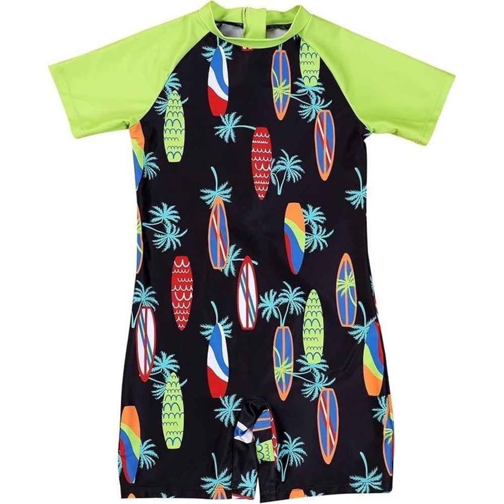 Aiwuhe Boy's 1pc Zipper Rashguard UPF50+ Swimsuit Shorts - Black Surf - 4/5 Year